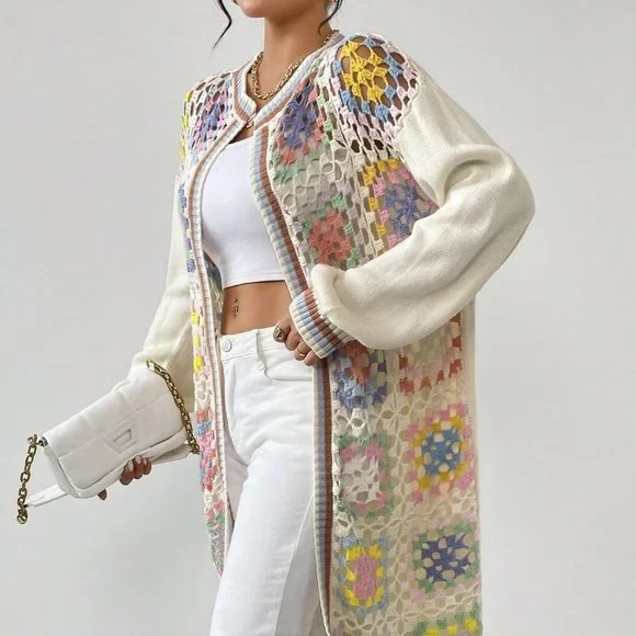 Multicolor Casual Womens Geo Pattern Drop Shoulder Open Front Cardigan - Picture 5 of 5